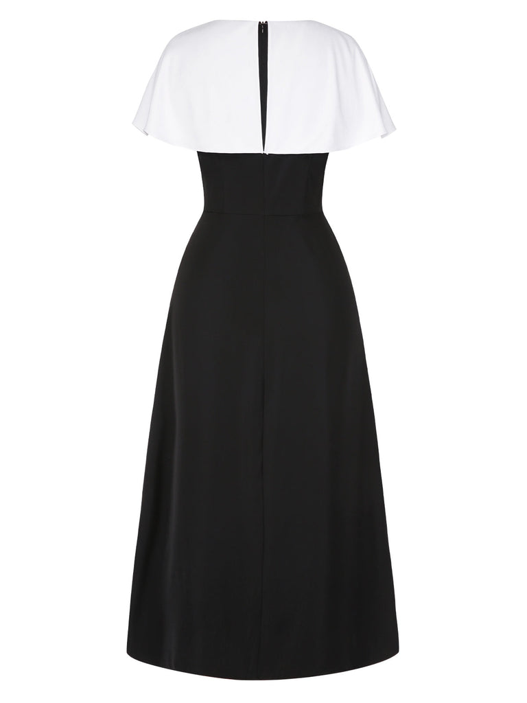 [Vorverkauf] Schwarz & Weiß 1940er Gerüschtes Perlenbrosche Cape Kleid