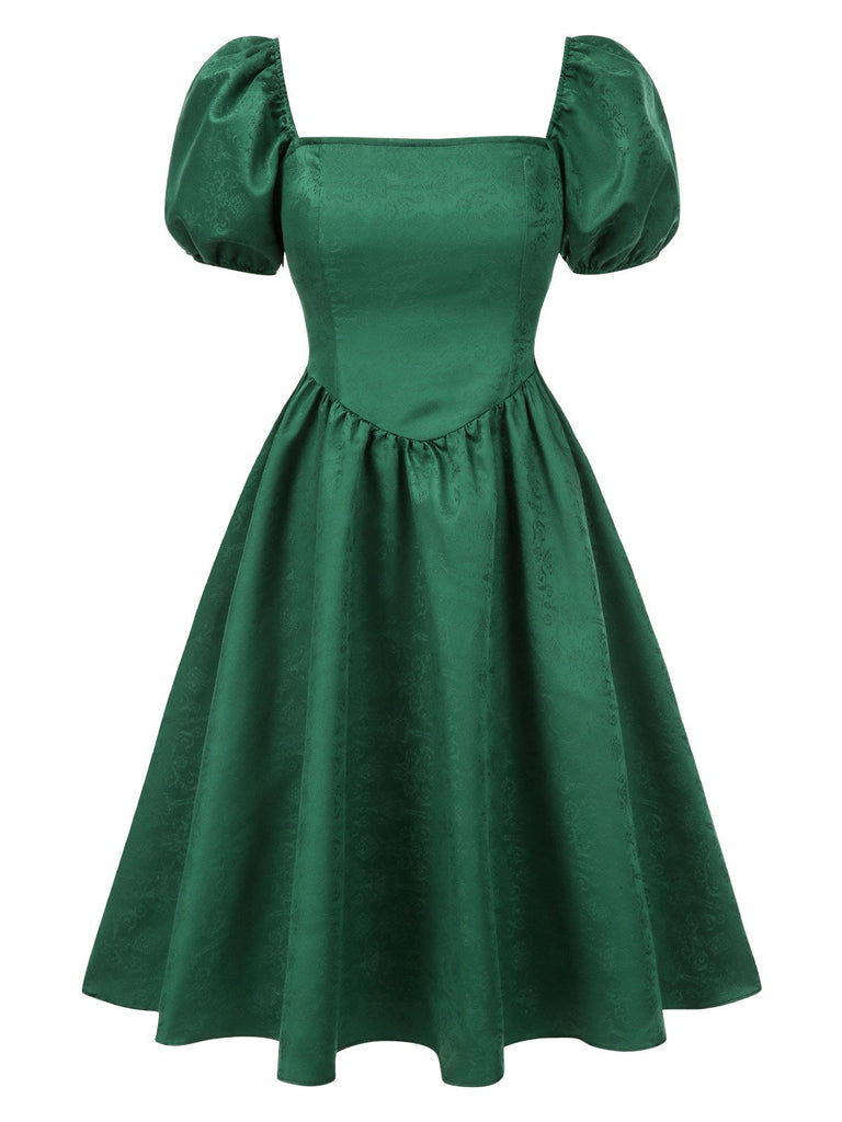 [Vorverkauf] Grün 1950er Jacquard Quadratischer Hals Puffärmel Kleid