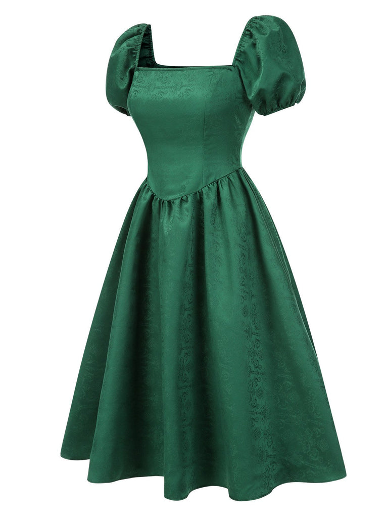 [Vorverkauf] Grün 1950er Jacquard Quadratischer Hals Puffärmel Kleid