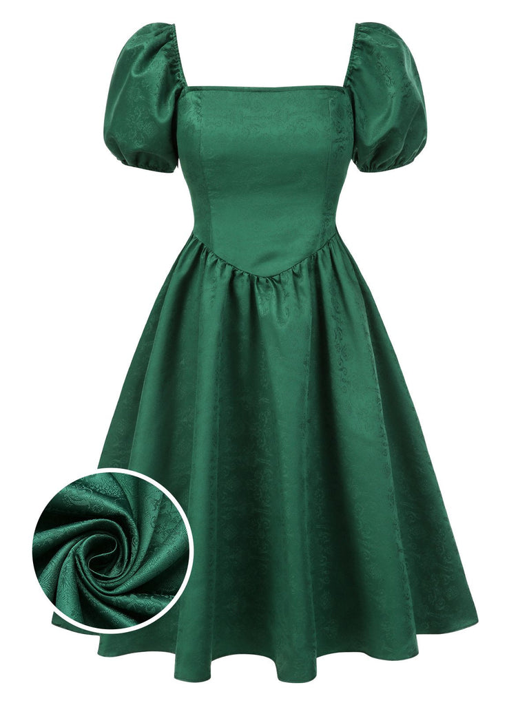 [Vorverkauf] Grün 1950er Jacquard Quadratischer Hals Puffärmel Kleid