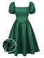 [Vorverkauf] Grün 1950er Jacquard Quadratischer Hals Puffärmel Kleid
