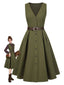 [Vorverkauf] Grün 1950er V-Ausschnitt Taschen Gürtel Weste Kleid
