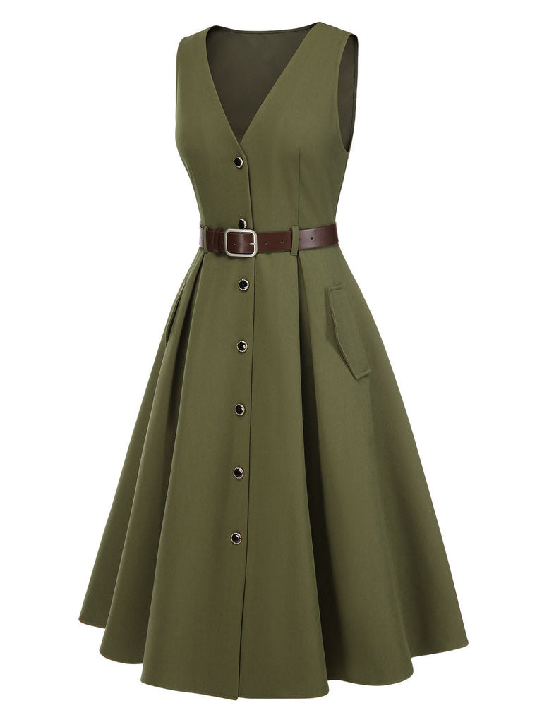 [Vorverkauf] Grün 1950er V-Ausschnitt Taschen Gürtel Weste Kleid