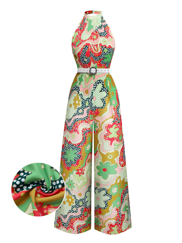 [Vorverkauf] Grün 1970er Psychedelisch Blumen Halter Schlitz Jumpsuit