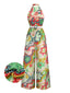 [Vorverkauf] Grün 1970er Psychedelisch Blumen Halter Schlitz Jumpsuit