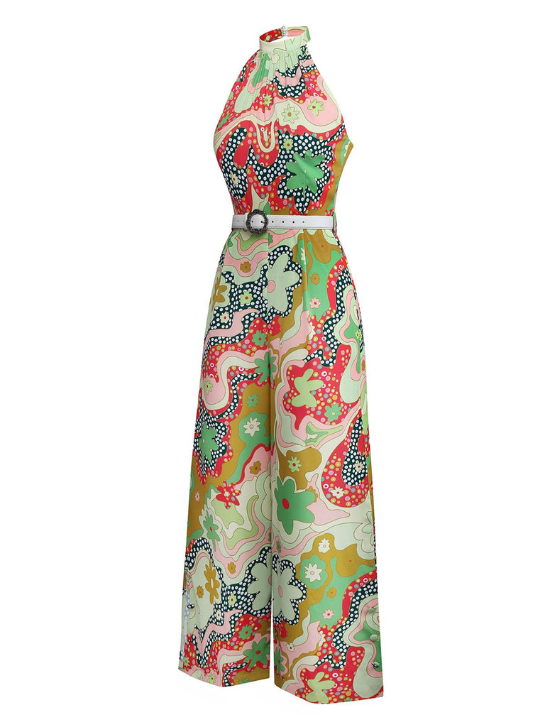 [Vorverkauf] Grün 1970er Psychedelisch Blumen Halter Schlitz Jumpsuit