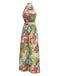 [Vorverkauf] Grün 1970er Psychedelisch Blumen Halter Schlitz Jumpsuit