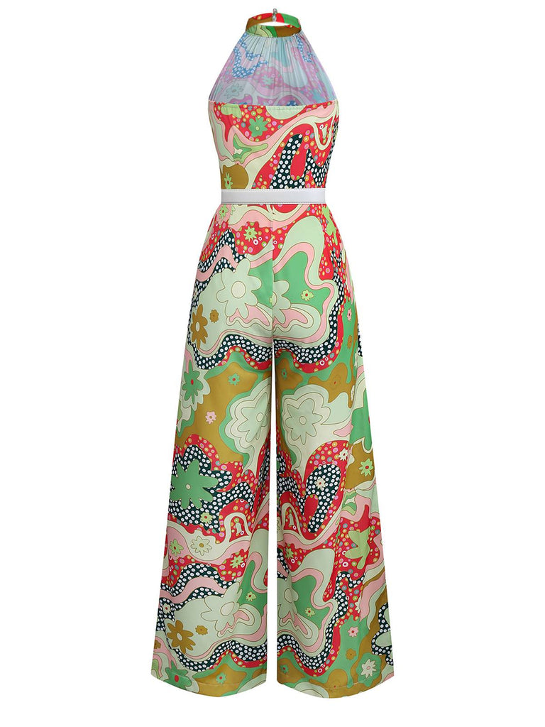 [Vorverkauf] Grün 1970er Psychedelisch Blumen Halter Schlitz Jumpsuit