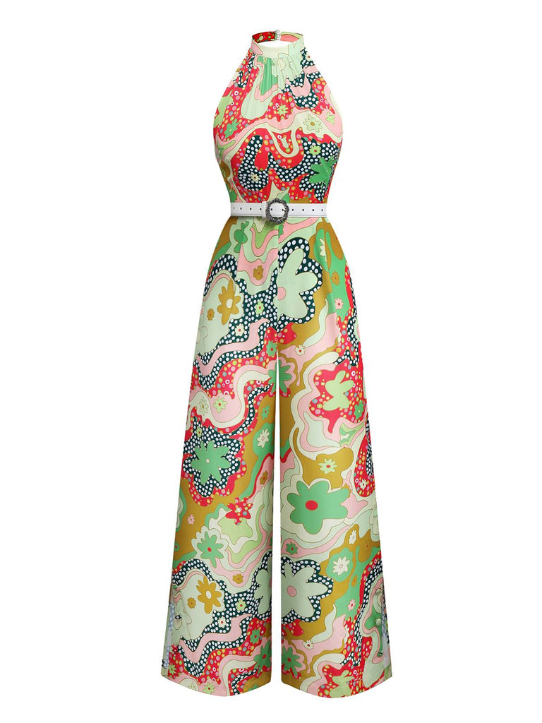 [Vorverkauf] Grün 1970er Psychedelisch Blumen Halter Schlitz Jumpsuit