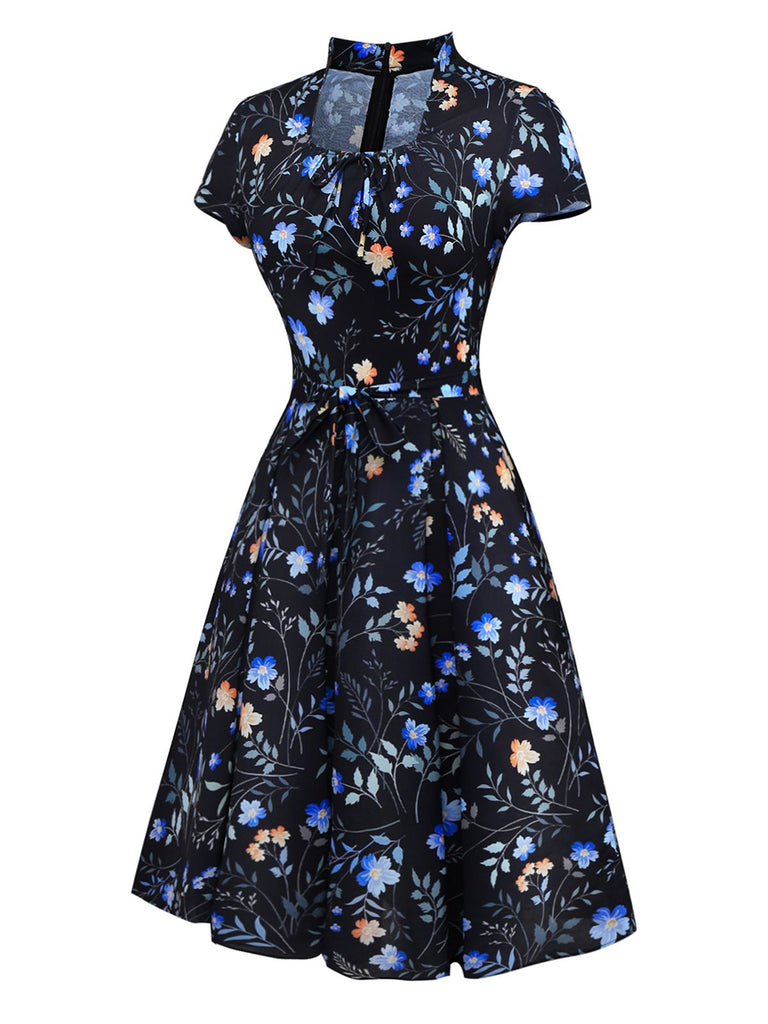 [Vorverkauf] Schwarz 1940er Blumen Peter Pan Kragen Kleid