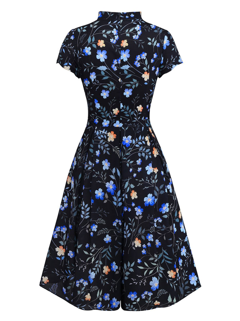 [Vorverkauf] Schwarz 1940er Blumen Peter Pan Kragen Kleid