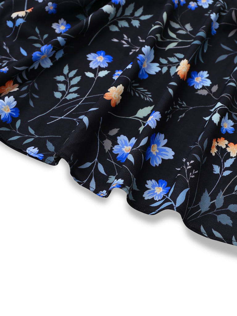 [Vorverkauf] Schwarz 1940er Blumen Peter Pan Kragen Kleid