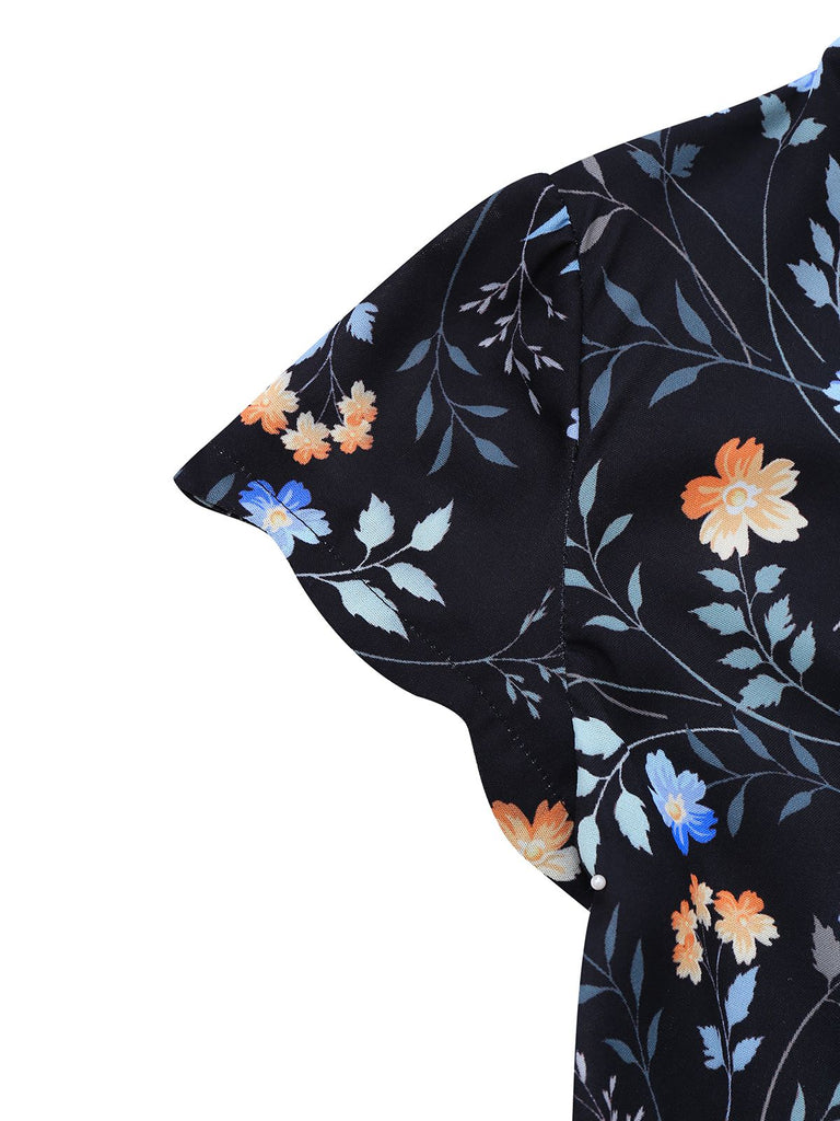 [Vorverkauf] Schwarz 1940er Blumen Peter Pan Kragen Kleid
