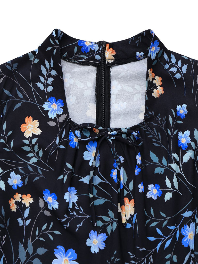[Vorverkauf] Schwarz 1940er Blumen Peter Pan Kragen Kleid
