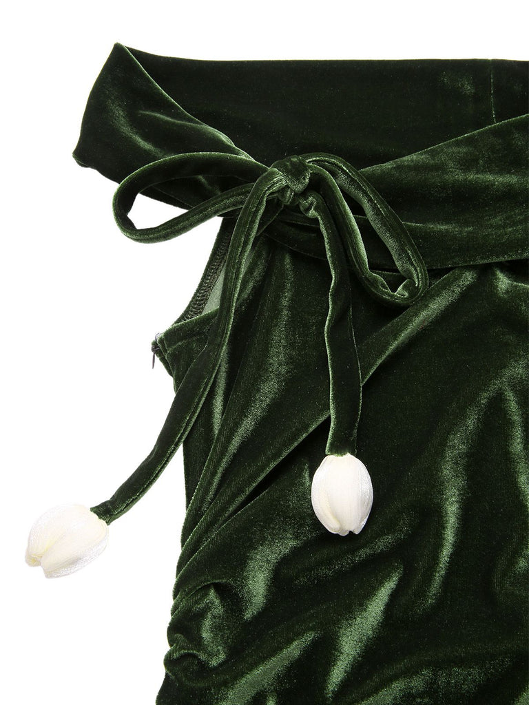 [Vorverkauf] Grün 1940er Samt Gerüscht Schulterfrei Bardot Kleid