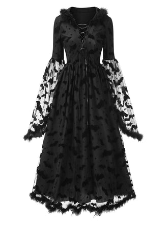 Schwarz 1940er Schläger Netz Roh Saum Hexe Cape Kleid
