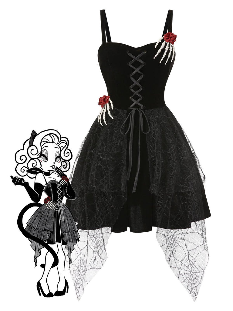 [Vorverkauf] Schwarz 1950er Halloween Skeletthand Spinnennetz Rose Kleid