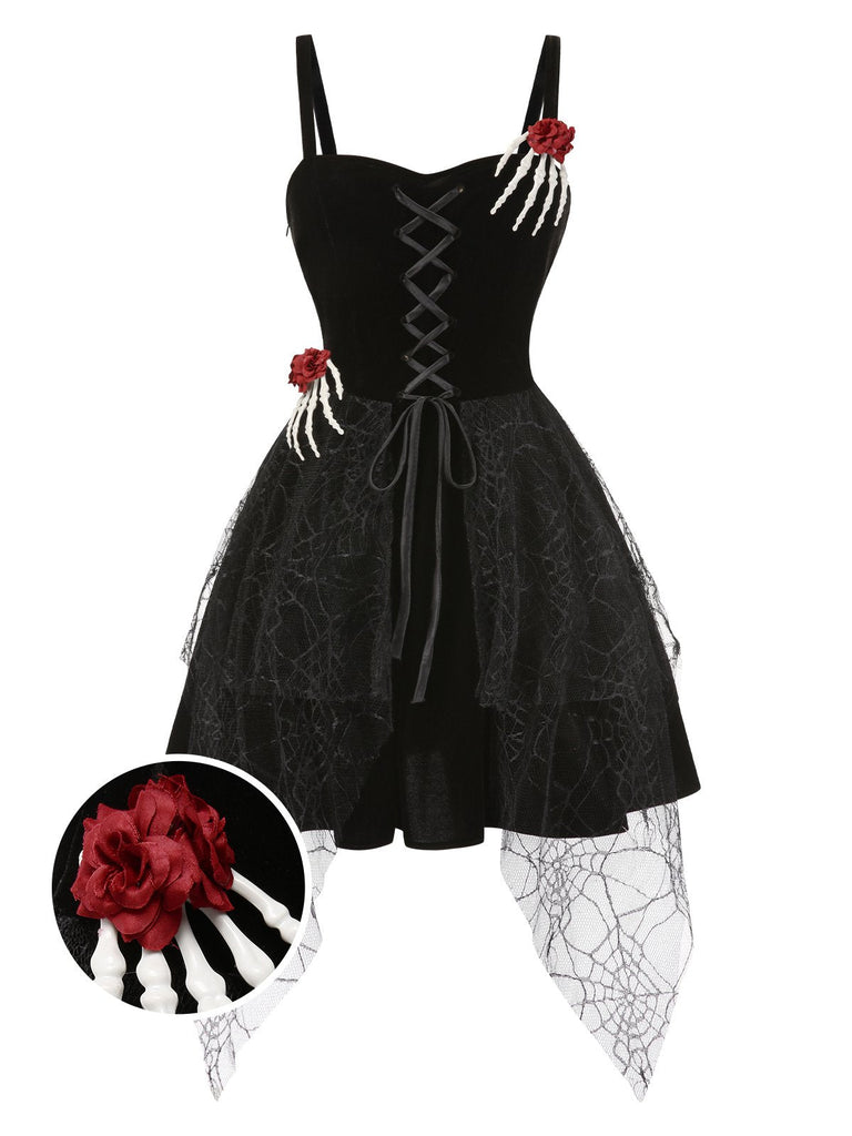 [Vorverkauf] Schwarz 1950er Halloween Skeletthand Spinnennetz Rose Kleid