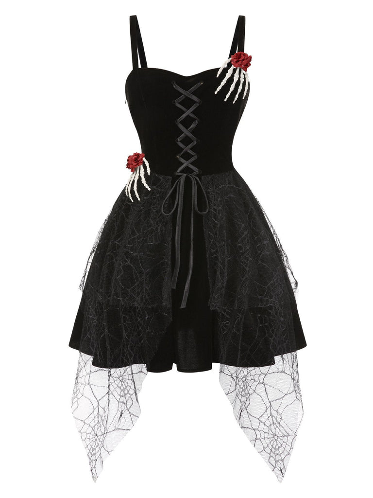 [Vorverkauf] Schwarz 1950er Halloween Skeletthand Spinnennetz Rose Kleid