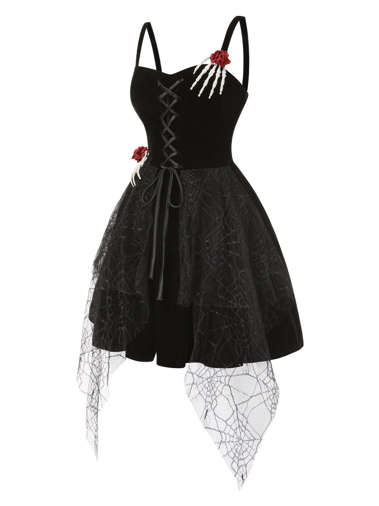 [Vorverkauf] Schwarz 1950er Halloween Skeletthand Spinnennetz Rose Kleid