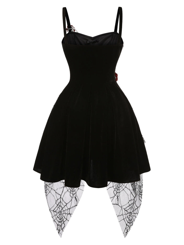 [Vorverkauf] Schwarz 1950er Halloween Skeletthand Spinnennetz Rose Kleid