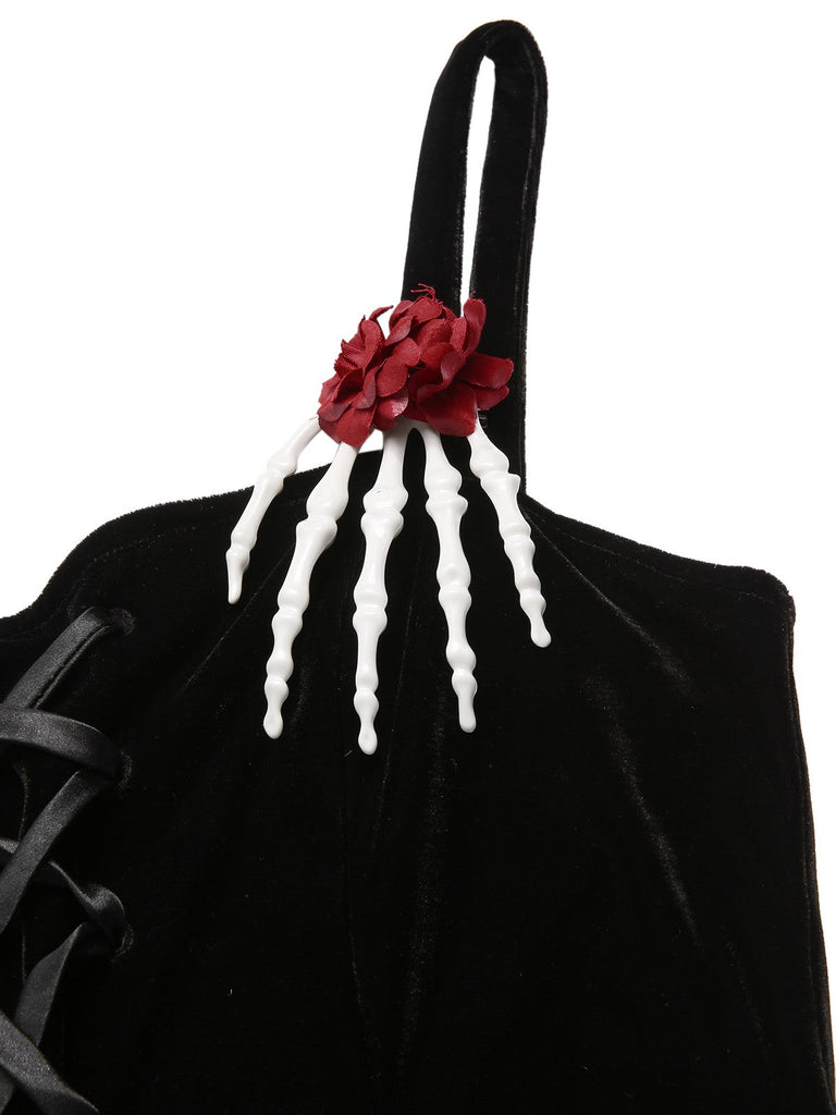 [Vorverkauf] Schwarz 1950er Halloween Skeletthand Spinnennetz Rose Kleid