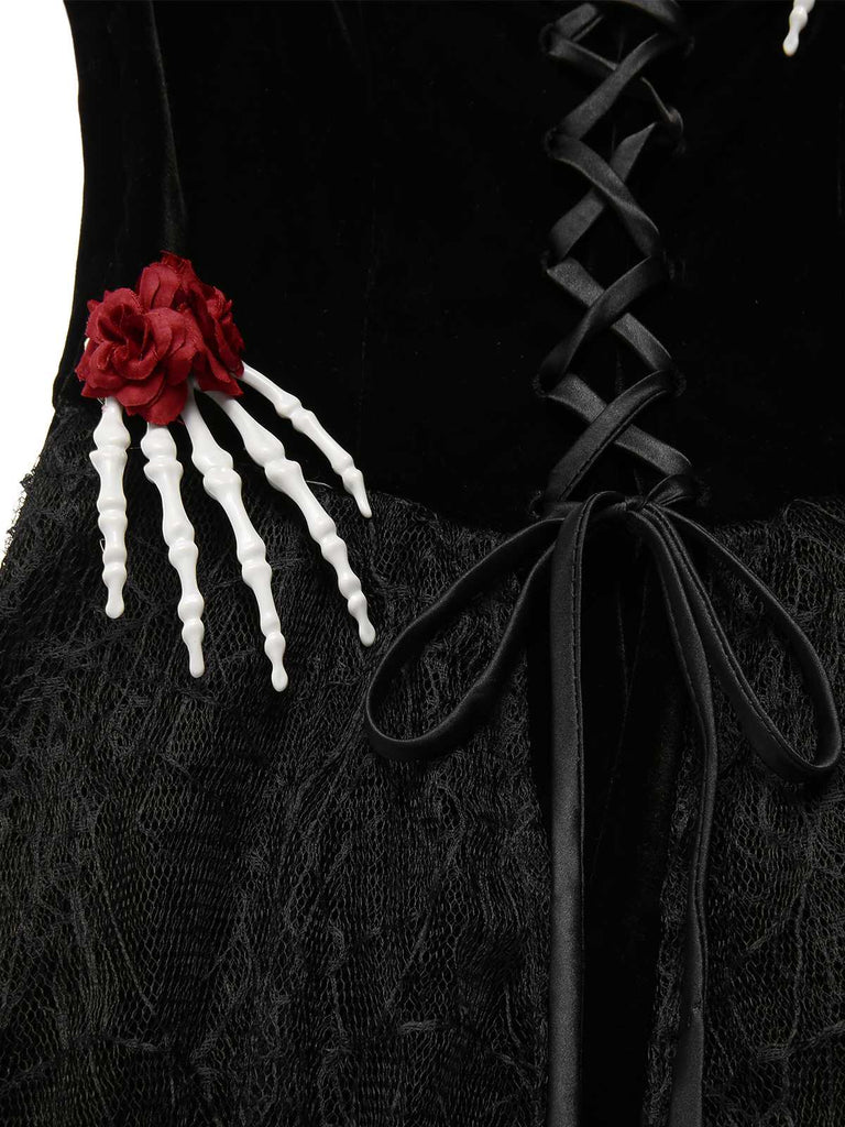 [Vorverkauf] Schwarz 1950er Halloween Skeletthand Spinnennetz Rose Kleid