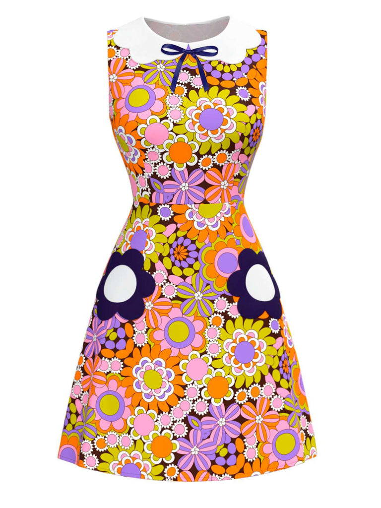 Orange 1960er Peter Pan Kragen Blumen Bogen Kleid