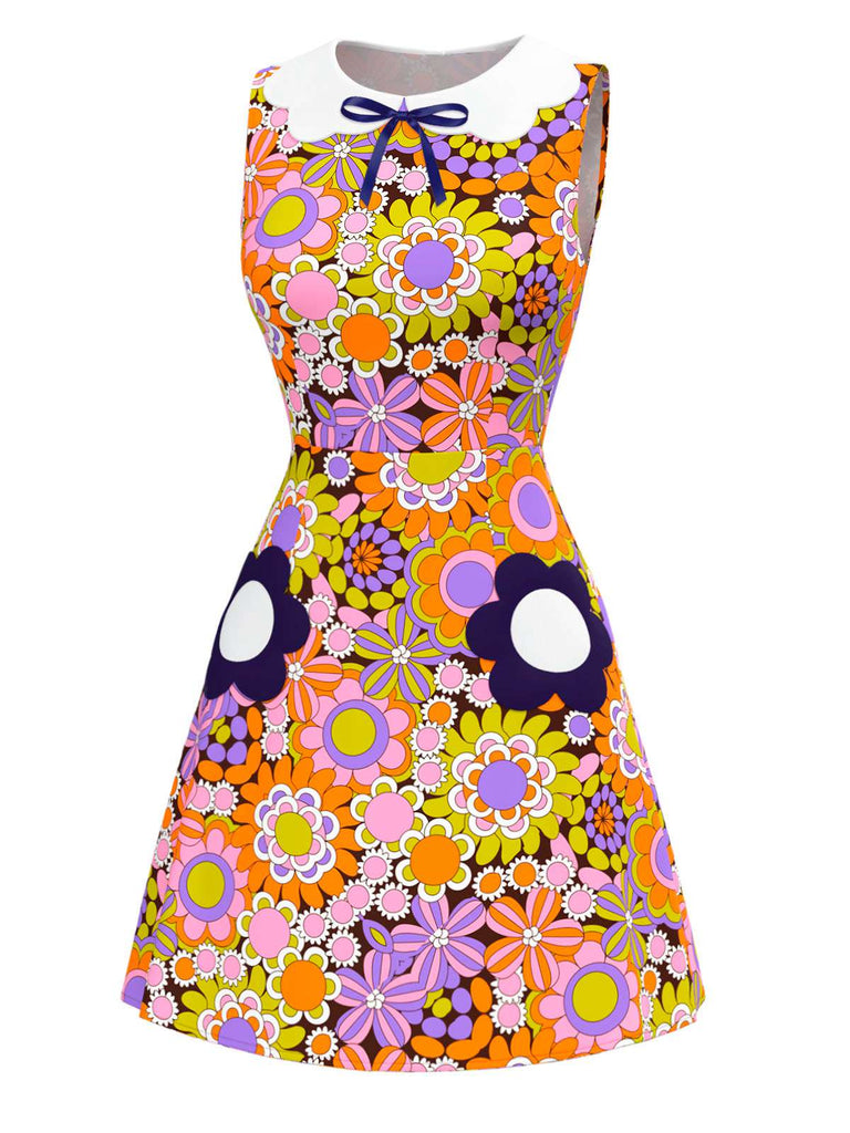Orange 1960er Peter Pan Kragen Blumen Bogen Kleid