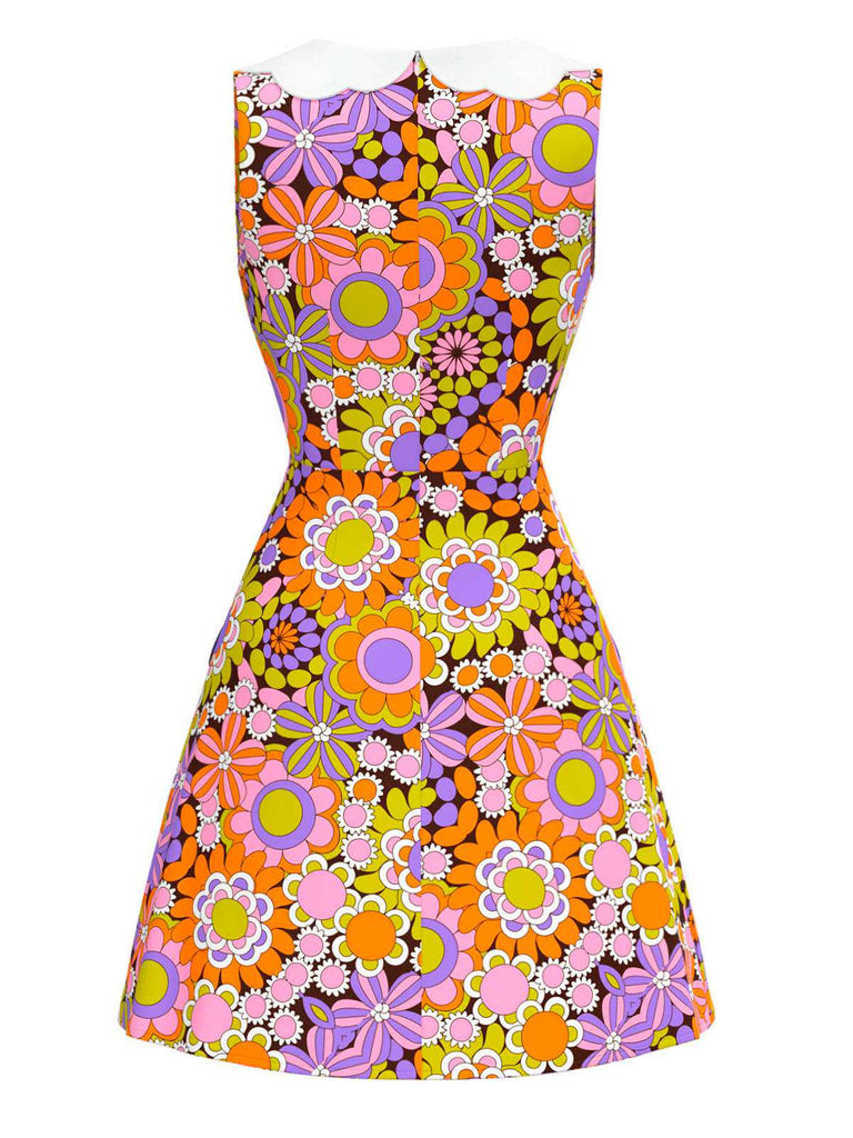 Orange 1960er Peter Pan Kragen Blumen Bogen Kleid