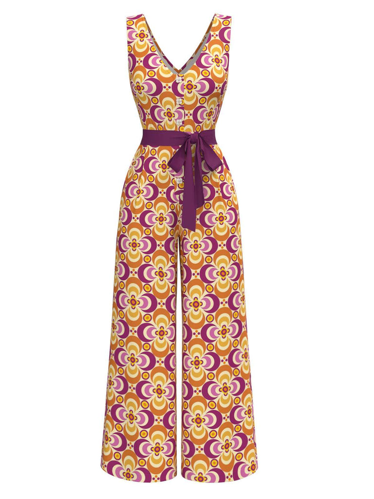 Orange 1960er V-Ausschnitt Gürtel Blumen Jumpsuit