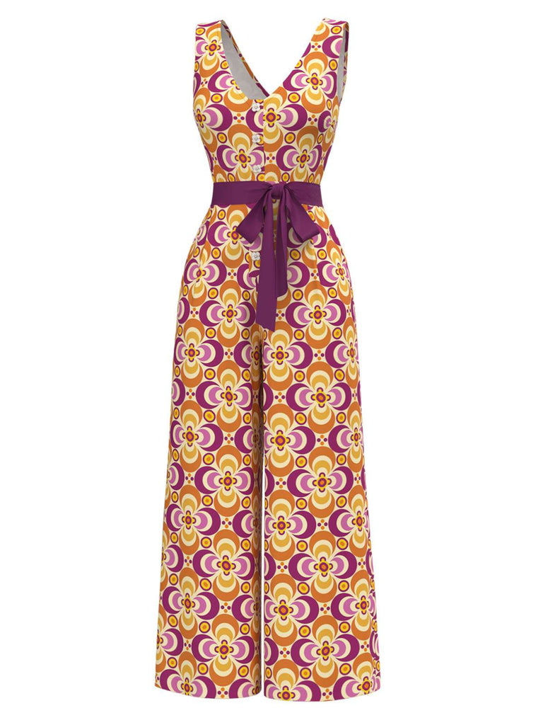 Orange 1960er V-Ausschnitt Gürtel Blumen Jumpsuit