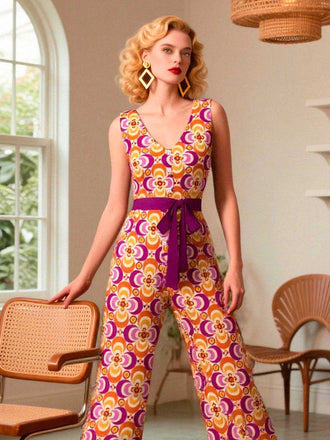 Orange 1960er V-Ausschnitt Gürtel Blumen Jumpsuit