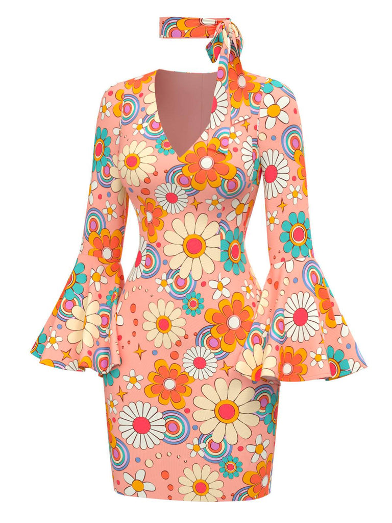 Multicolor 1960er Gänseblümchen Glockenärmel Hippie Kleid