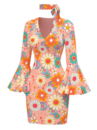 [Vorverkauf] Multicolor 1960er Gänseblümchen Glockenärmel Hippie Kleid