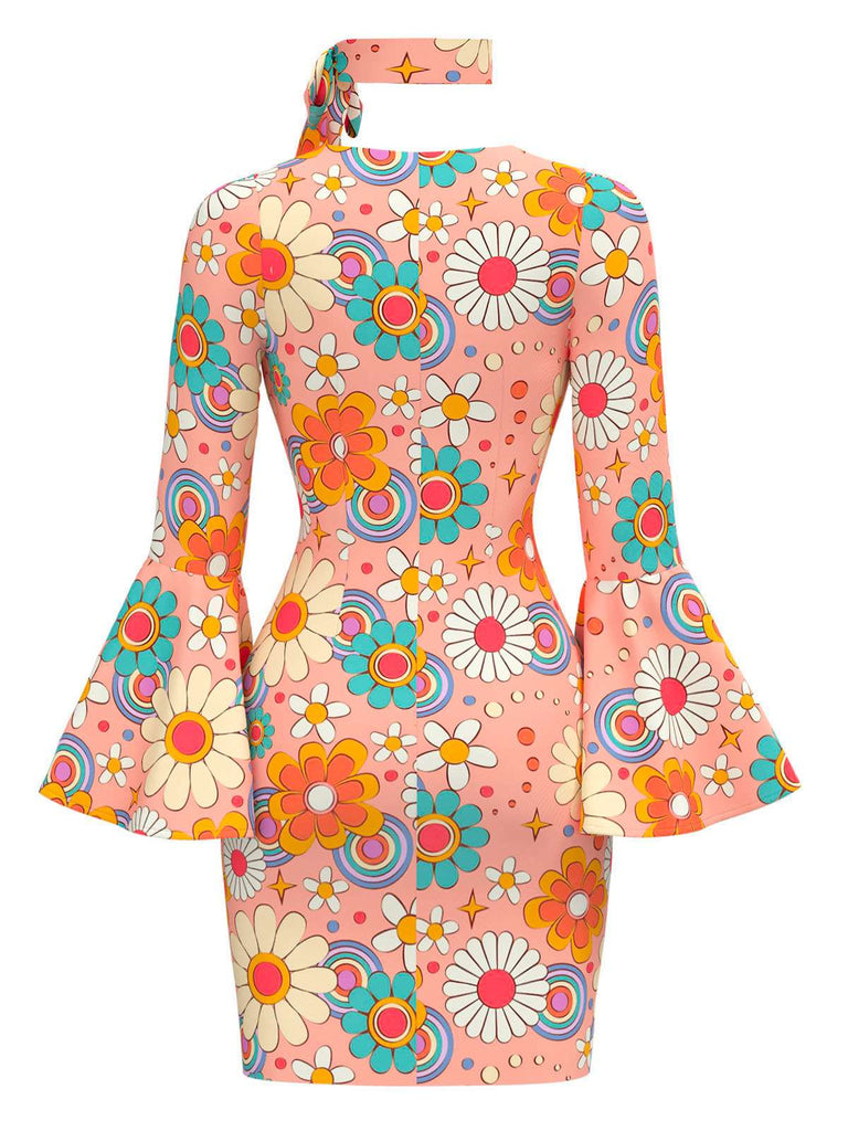 Multicolor 1960er Gänseblümchen Glockenärmel Hippie Kleid