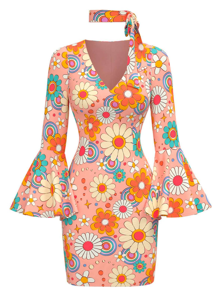 Multicolor 1960er Gänseblümchen Glockenärmel Hippie Kleid