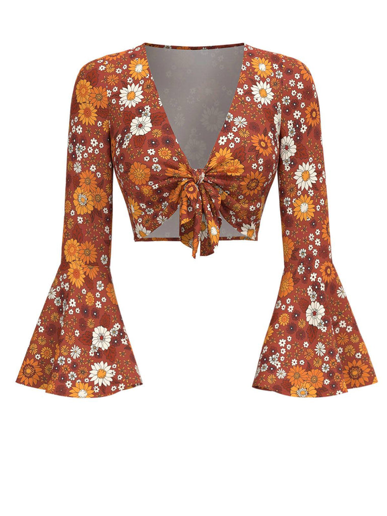 [Vorverkauf] 2PCS Orange 1970er Hippie Blumen Glockenärmel Top & Kleid