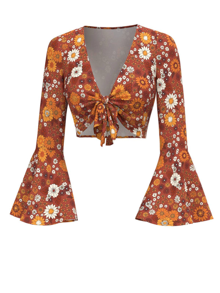 [Vorverkauf] 2PCS Orange 1970er Hippie Blumen Glockenärmel Top & Kleid