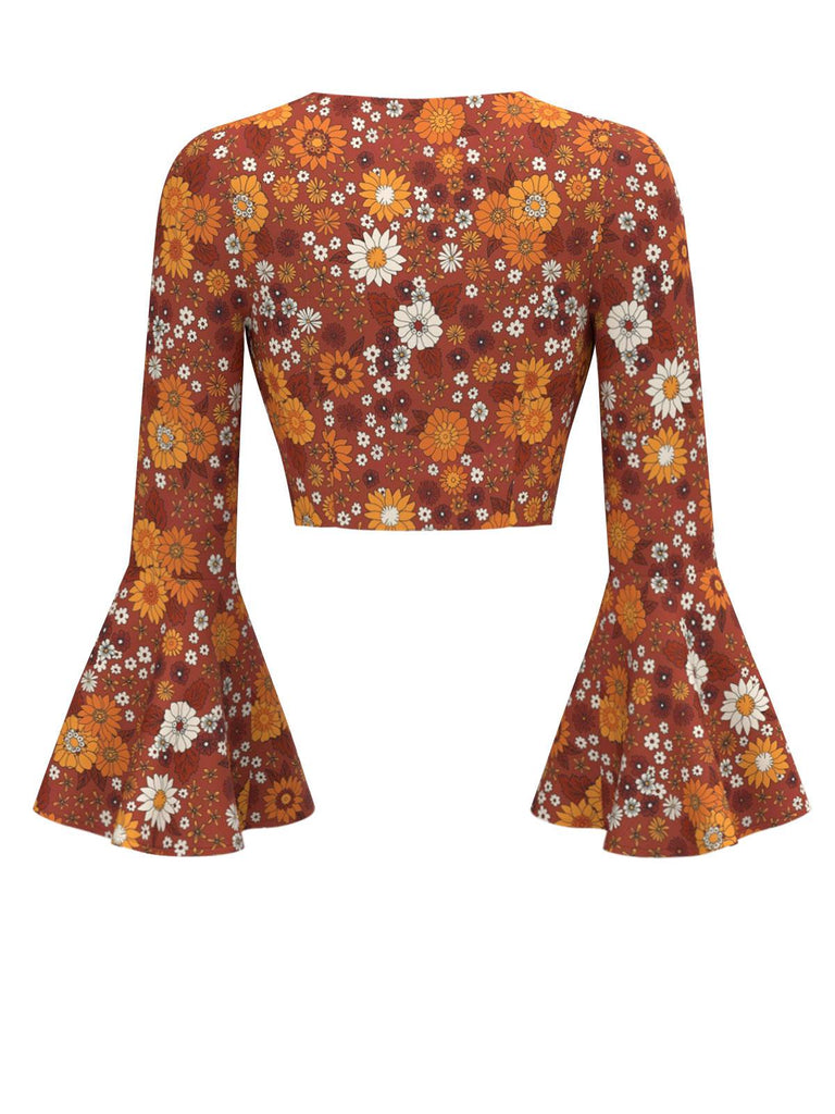 [Vorverkauf] 2PCS Orange 1970er Hippie Blumen Glockenärmel Top & Kleid