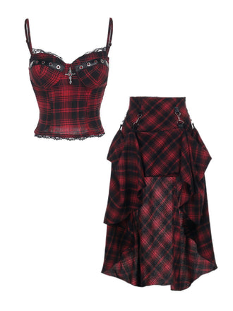 2PCS Rot 1980er Plaid Gesmokt Top & Hoch-Tief Saum Rock