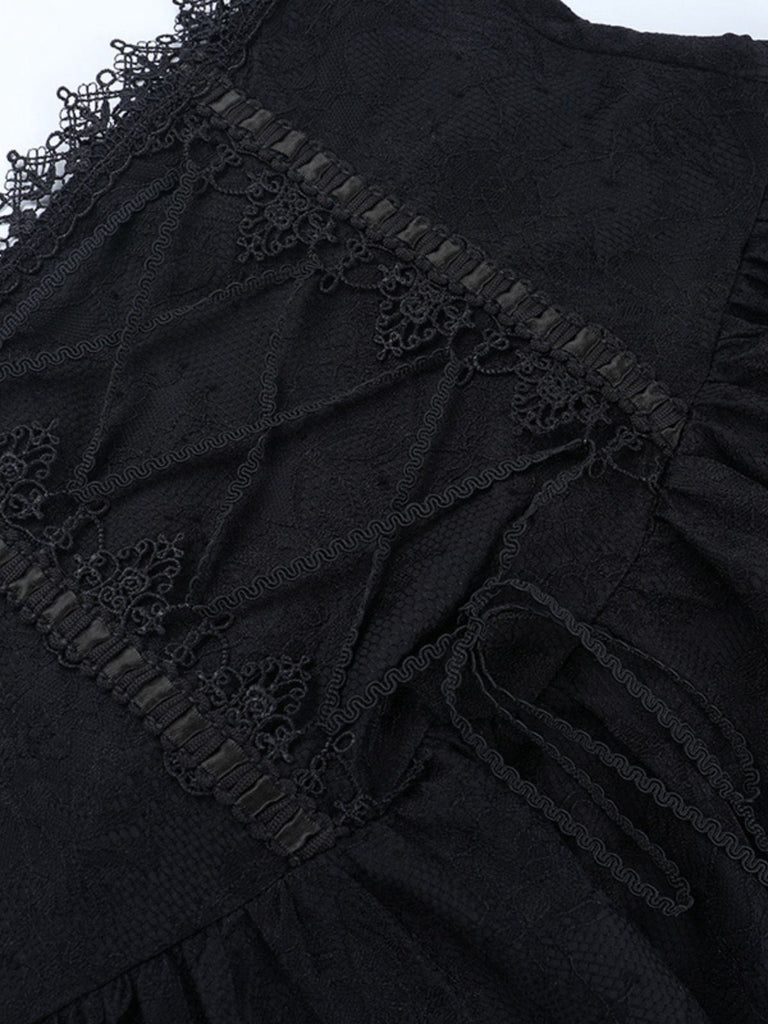 Schwarz 1970er Spitze Patchwork Schnürung Korsett Rock