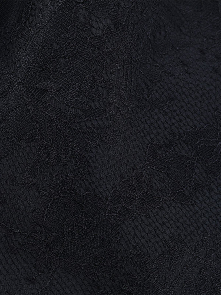 Schwarz 1970er Spitze Patchwork Schnürung Korsett Rock