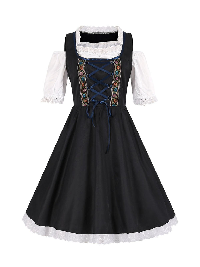 2PCS Blau 1950er Oktoberfest Blumen Besticktes Kleid & Samt Schürze