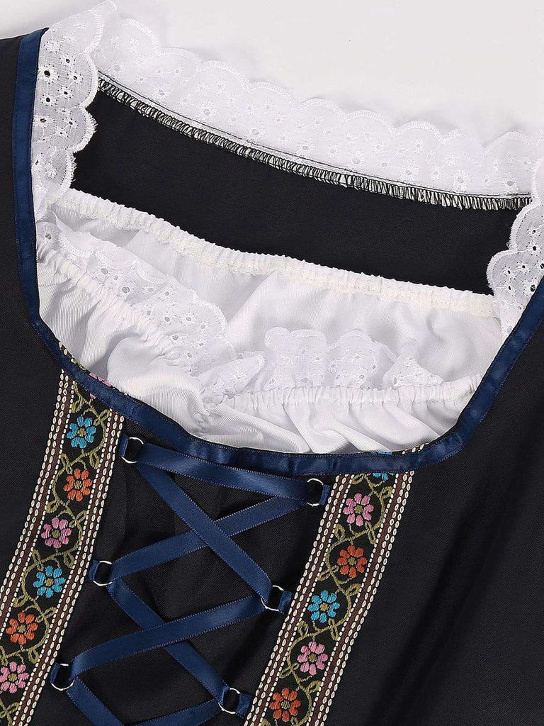 2PCS Blau 1950er Oktoberfest Blumen Besticktes Kleid & Samt Schürze
