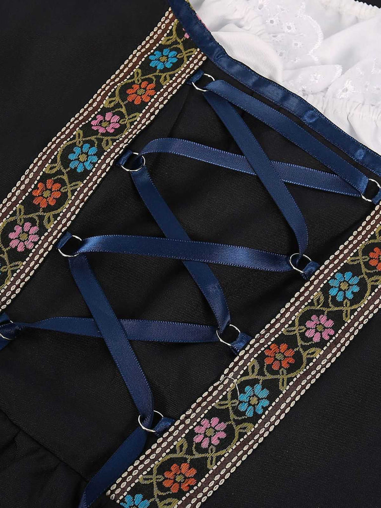 2PCS Blau 1950er Oktoberfest Blumen Besticktes Kleid & Samt Schürze