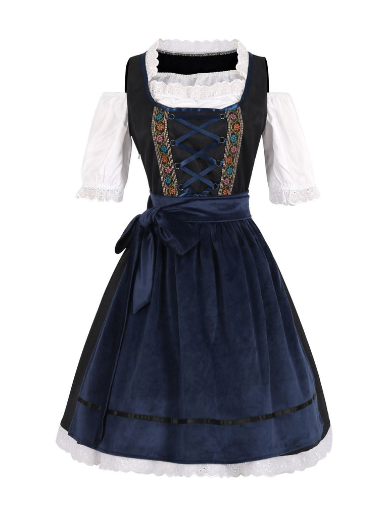2PCS Blau 1950er Oktoberfest Blumen Besticktes Kleid & Samt Schürze