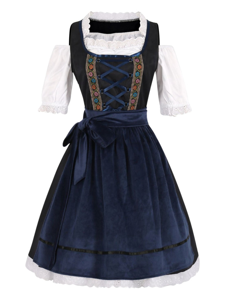 2PCS Blau 1950er Oktoberfest Blumen Besticktes Kleid & Samt Schürze