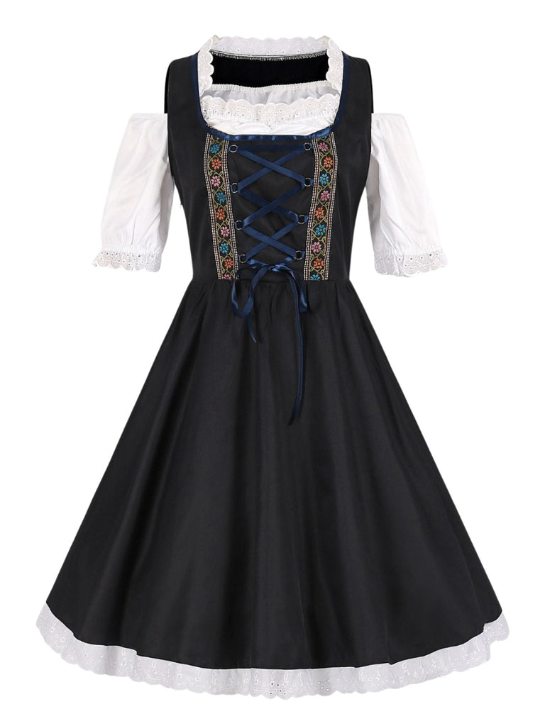 2PCS Blau 1950er Oktoberfest Blumen Besticktes Kleid & Samt Schürze