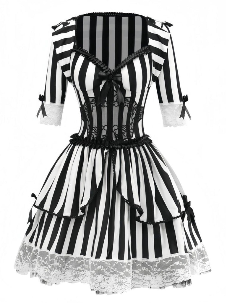 Schwarz & Weiß 1970er Halloween Spitze Patchwork Streifen Kleid